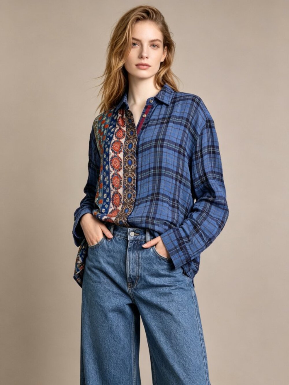 NWOT Johnny Was Plaid Long Sleeves Button Down Shirt Blouse Blue Size S